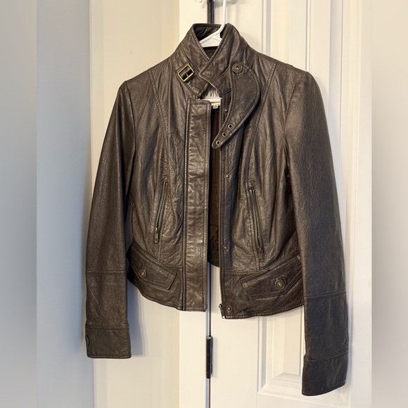 BB Dakota Dark Brown Cropped Leather Motorcycle Jacket XS/S - Picture 1 of 6